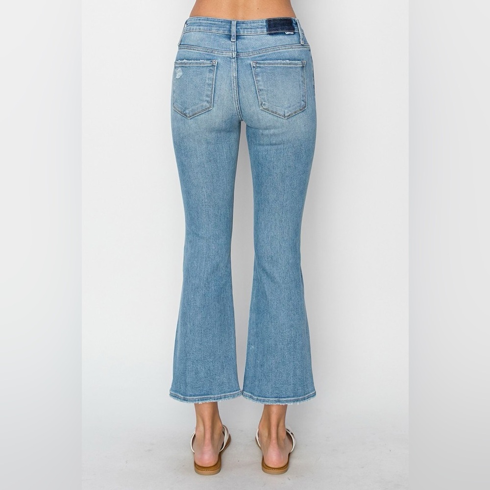 Risen High-Rise Distressed Crop Flare Jeans - Light Blue - Picture 2 of 6